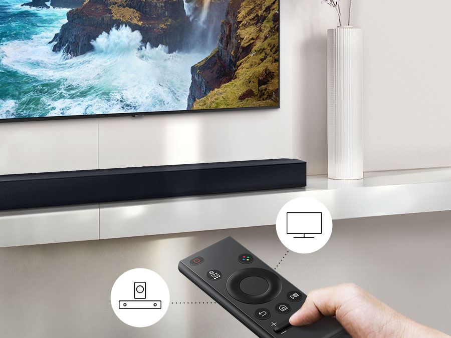 Samsung HW-C43C soundbar with unified remote control for seamless operation of TV and soundbar.